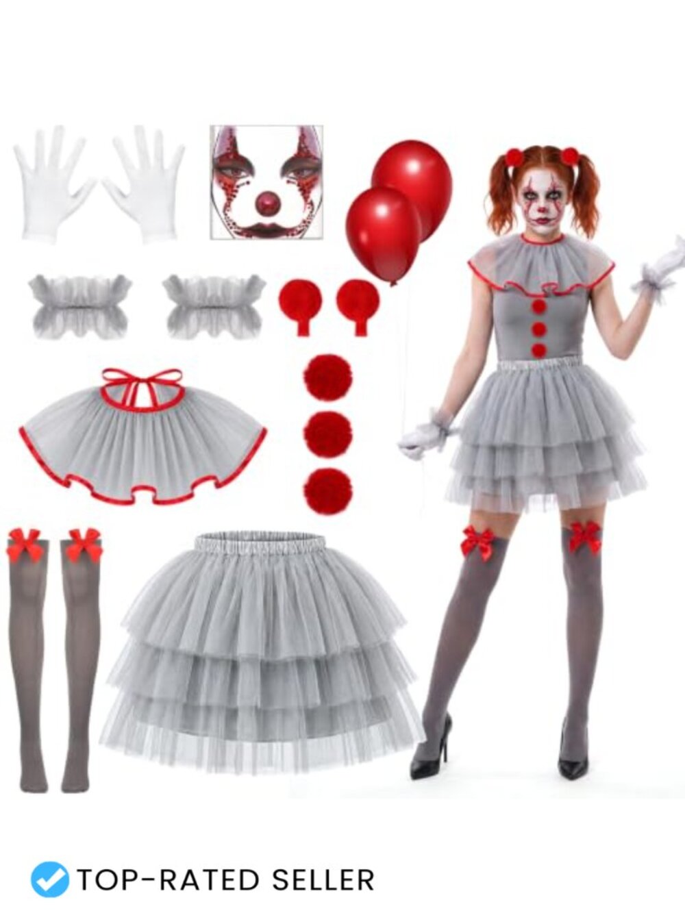 Women's Scary Clown Costume Accessory Set Tulle Tutu Choker Socks